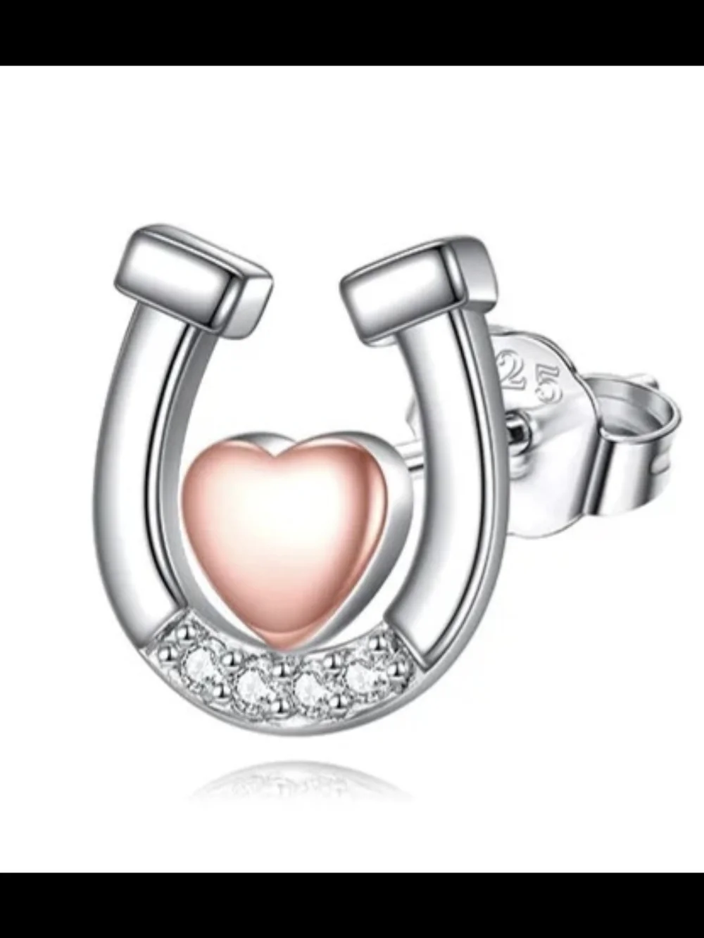 Sterling Silver Horseshoe Stud Earring with Rose Gold Heart Accent